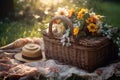 sunlit flower crown on a woven picnic basket outdoors Royalty Free Stock Photo