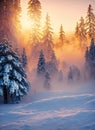 Sunlit foggy fir forest covered with snow in a cold winter morning. Magical colors of the sunrise beams piercing through the white Royalty Free Stock Photo