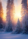 Sunlit foggy fir forest covered with snow in a cold winter morning. Vibrant sunrise piercing through the white frosty trees Royalty Free Stock Photo