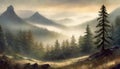 Sunlit foggy fir forest panoramic painting with mountains in the background