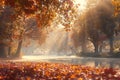 Sunlit Forest with Autumn Leaves on the Ground Royalty Free Stock Photo