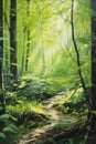 sunlit forest with fresh green leaves