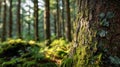 Sunlit forest with moss-covered tree bark in the foreground and tall blurry trees extending into the distance creating a peaceful Royalty Free Stock Photo