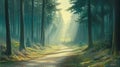 Sunlit forest path, deer, morning mist, nature, game design Royalty Free Stock Photo