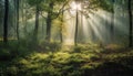 Sunlit forest path leads to autumn mystery generated by AI