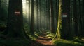 Sunlit Forest Path with Mossy Trees Royalty Free Stock Photo