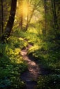 sunlit forest path with new growth