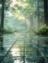 Sunlit forest pathway with wet tiled ground. Royalty Free Stock Photo