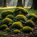 Sunlit forest scene with moss covered rocks scattered on the Royalty Free Stock Photo