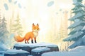 sunlit fox against a backdrop of snow pines