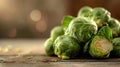 Sunlit Fresh Brussel Sprouts on Wood