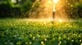 Sunlit fresh green grass with water sprinkles in the morning