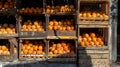 Sunlit Fresh Oranges Display in Wooden Crates at Market