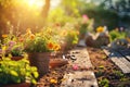 Sunlit garden with gardening tools, plants and flowers