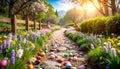 Sunlit garden path lined with colorful Easter eggs and spring fl Royalty Free Stock Photo