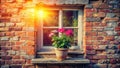 Sunlit geraniums in terracotta pot on rustic brick wall windowsill. Generative AI Royalty Free Stock Photo