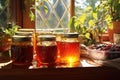 sunlit glass jars filled with homemade jam