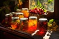 sunlit glass jars filled with homemade jam