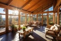 sunlit glass porch in a contemporary log cabin