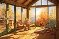 sunlit glass porch in a contemporary log cabin, magazine style illustration