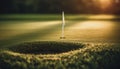 Sunlit golf ball on green turf, hole in one generated by AI Royalty Free Stock Photo