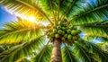 Sunlit green coconuts on a tropical palm tree against a bright blue sky and sunburst fruit Royalty Free Stock Photo