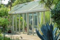 Sunlit greenhouse in backyard garden with plants and trees and foliage