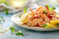 Sunlit grilled shrimp garnished with herbs and lemon on a white plate, blue background adding a fresh, maritime feel.