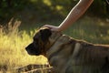 sunlit hand stroking the back of a lyingdown mastiff