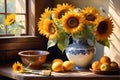 Sunlit Harmony: Watercolor Still Life - Sunflowers and Daisies Dominate the Foreground, Arranged in an Antique Vase Royalty Free Stock Photo