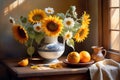 Sunlit Harmony: Watercolor Still Life - Sunflowers and Daisies Dominate the Foreground, Arranged in an Antique Vase Royalty Free Stock Photo