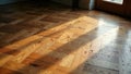 Sunlit herringbone wood floor with natural light and shadow patterns. Generative AI Royalty Free Stock Photo