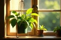 Sunlit indoor plants on window sill in hanging planter and small pots. Generative AI Royalty Free Stock Photo