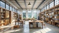 Sunlit industrial loft studio workspace with extensive wooden shelving and two work tables. Generative AI Royalty Free Stock Photo