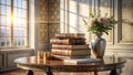 Sunlit interior with stack of antique books and floral arrangement on elegant table. Generative AI Royalty Free Stock Photo