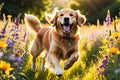 Golden Retriever Frolicking Through a Meadow, Sunlight Filtering Through a Whimsical Array of Wildflowers