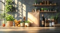Sunlit kitchen with fresh herbs and bottles Royalty Free Stock Photo