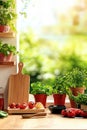 Sunlit kitchen with fresh vegetables on wooden counter