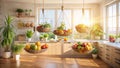 Sunlit kitchen with hanging fruit and vegetable baskets. Generative AI Royalty Free Stock Photo