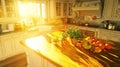 Sunlit kitchen island, fruit, herbs, sunrise, home design, interior Royalty Free Stock Photo