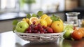 Sunlit Kitchen. A Vibrant Basket of Fresh Fruits. Generative AI