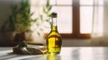 Sunlit Kitchen Window Frames Olive Oil Bottle on Table in a Captivating Display. Generative AI