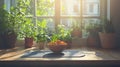 Sunlit Kitchen Windowsill with Herbs and Fruit Bowl Royalty Free Stock Photo