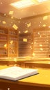 Sunlit Library with Falling Papers and Open Book An Illustration of Serene Study Royalty Free Stock Photo