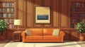 A Sunlit Library With Orange Couch, Bookcases, And Artwork. Cozy And Sophisticated Royalty Free Stock Photo
