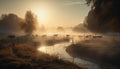 Sunlit meadow, cows grazing, tranquil rural scene generated by AI Royalty Free Stock Photo