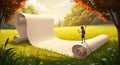 In a sunlit meadow, a gigantic scroll unrolls across the grass, bordered by flowers and Royalty Free Stock Photo