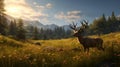 a sunlit meadow with grazing deer