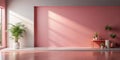 Sunlit minimalist interior with blush pink wall and greenery. Generative AI Royalty Free Stock Photo
