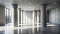 Sunlit modern concrete hallway with large pillars and windows. Generative AI Royalty Free Stock Photo